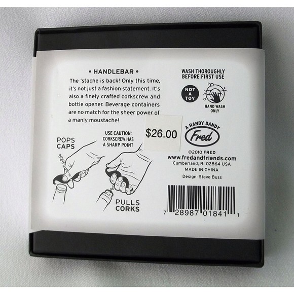 Mustache Bottle Handlebar Corkscrew Opener Fred Novelty Wine Beer Pop Curly NEW - Picture 2 of 3